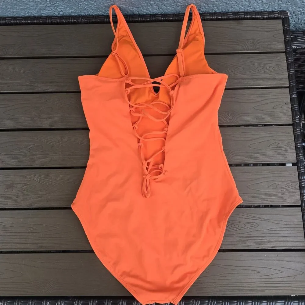 TA3 Plungy Orange Swimsuit 1 Piece Reg Long Torso Corset Waist Sz XL NEW - Picture 2 of 6